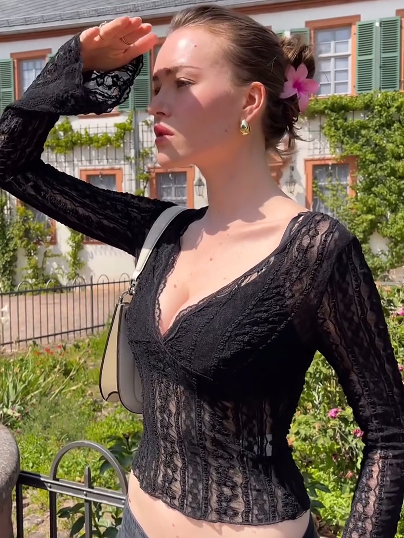Women's Sheer Black Lace Long Sleeve Top – V-Neck See-Through Floral Lace Blouse