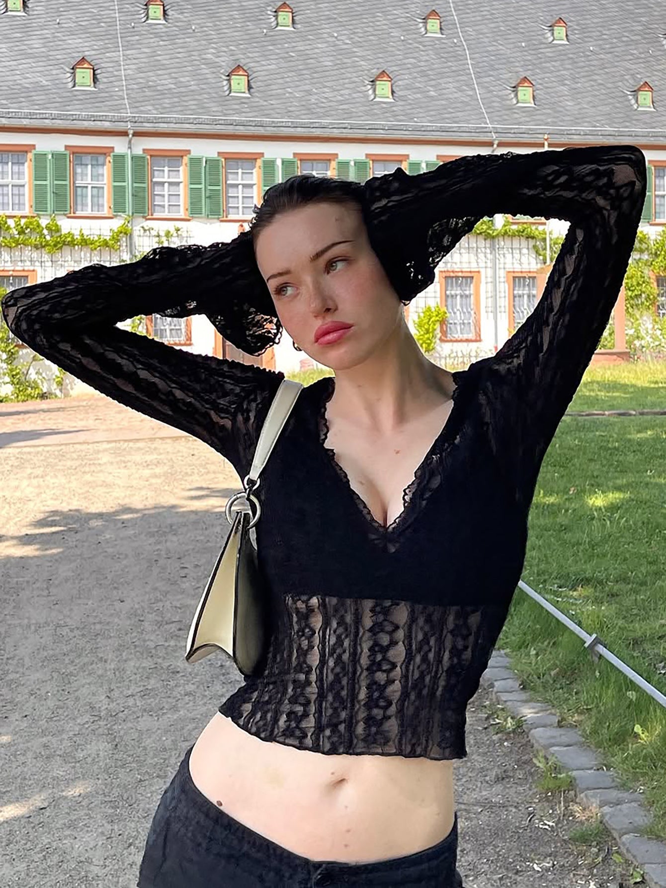 Women's Sheer Black Lace Long Sleeve Top – V-Neck See-Through Floral Lace Blouse