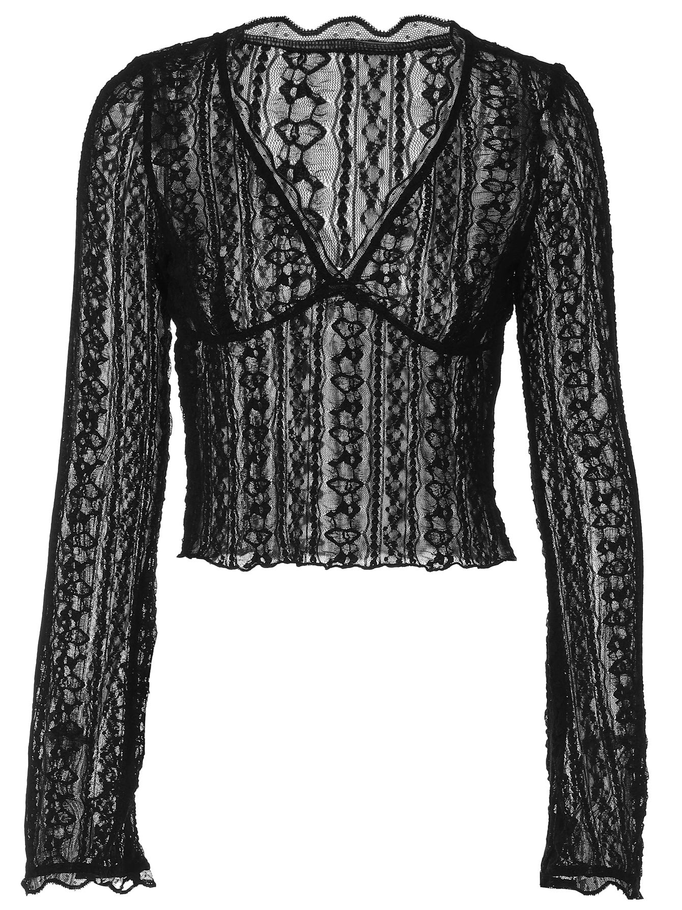 Women's Sheer Black Lace Long Sleeve Top – V-Neck See-Through Floral Lace Blouse