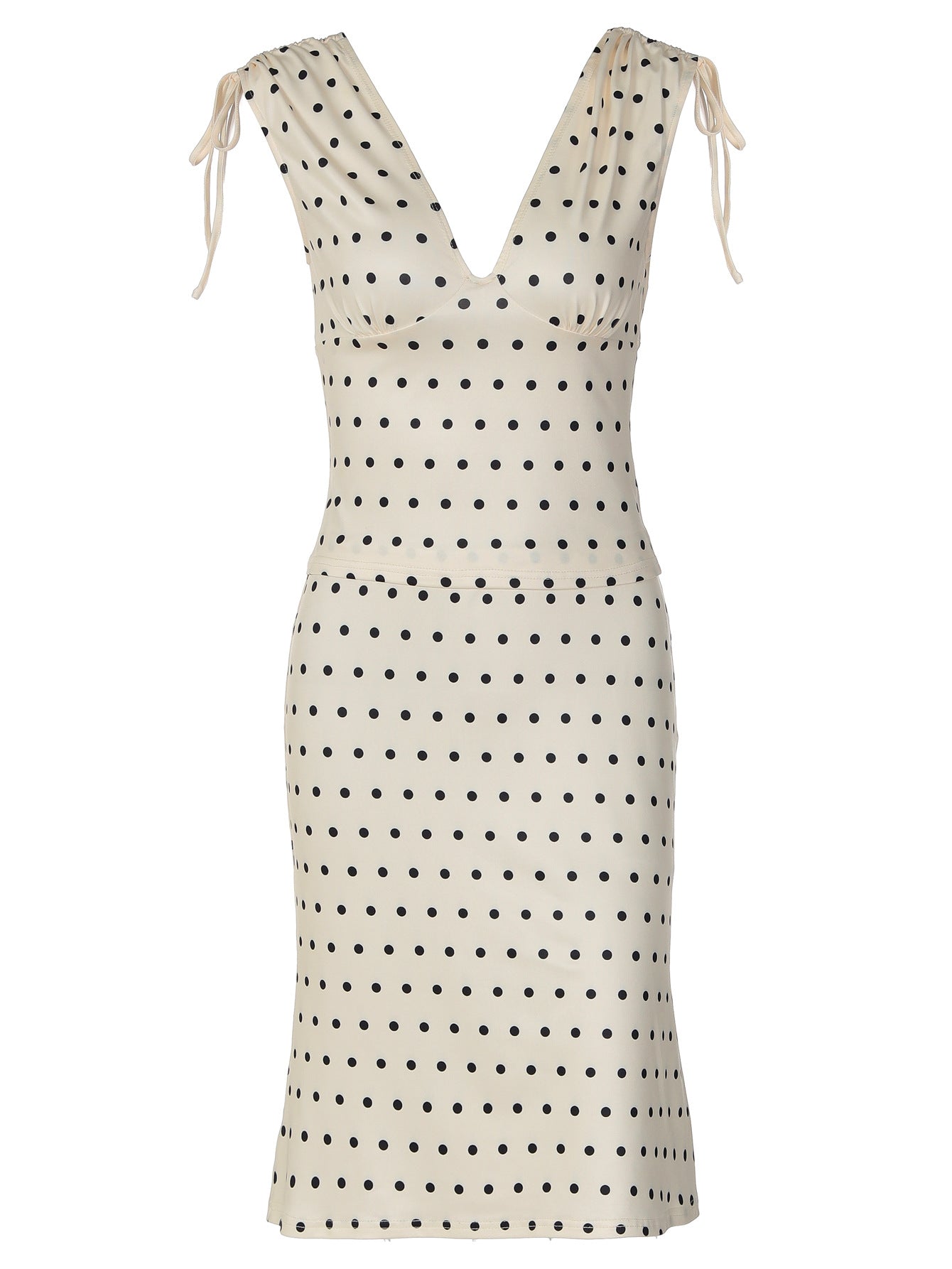 Women's 2-Piece Polka Dot Midi Skirt Set – V-Neck Crop Top & High-Waist Ruched Skirt Outfit