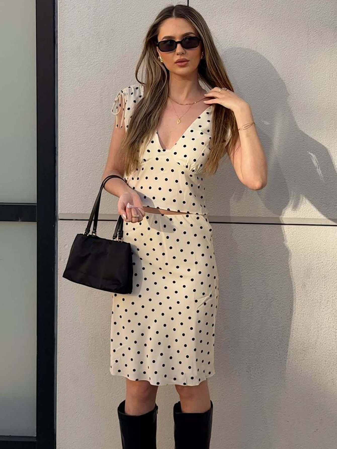 Women's 2-Piece Polka Dot Midi Skirt Set – V-Neck Crop Top & High-Waist Ruched Skirt Outfit