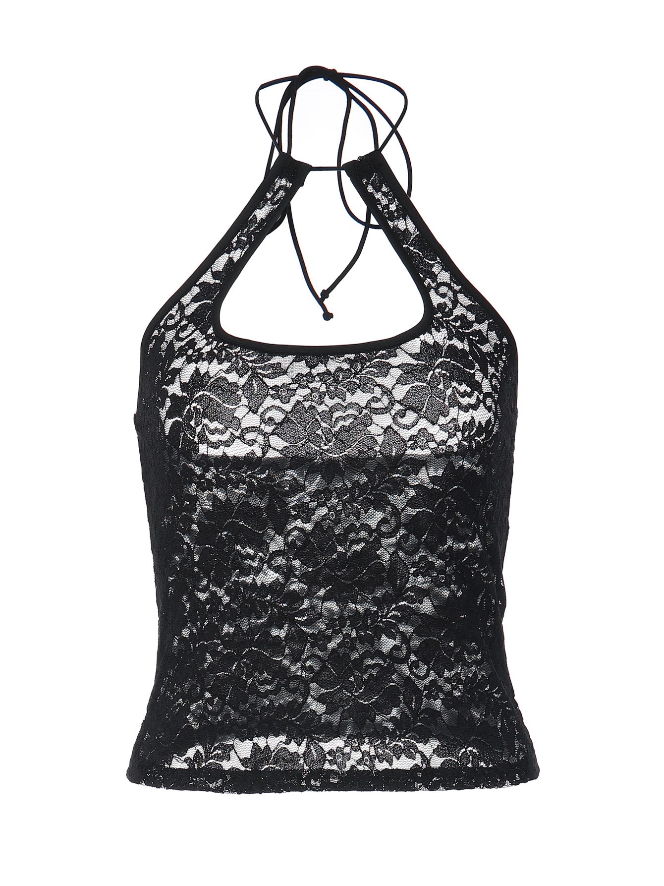 Women's Black Lace Halter Crop Top – Sheer Floral Lace Tie-Neck Y2K Tank Top